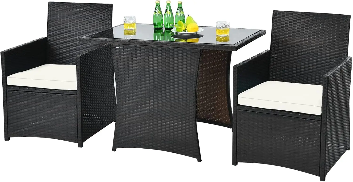 

HAPPYGRILL 3-Pieces Outdoor Wicker Bistro Set PE Rattan Dining Table Set with Cushioned Chairs, Patio Conversation Set