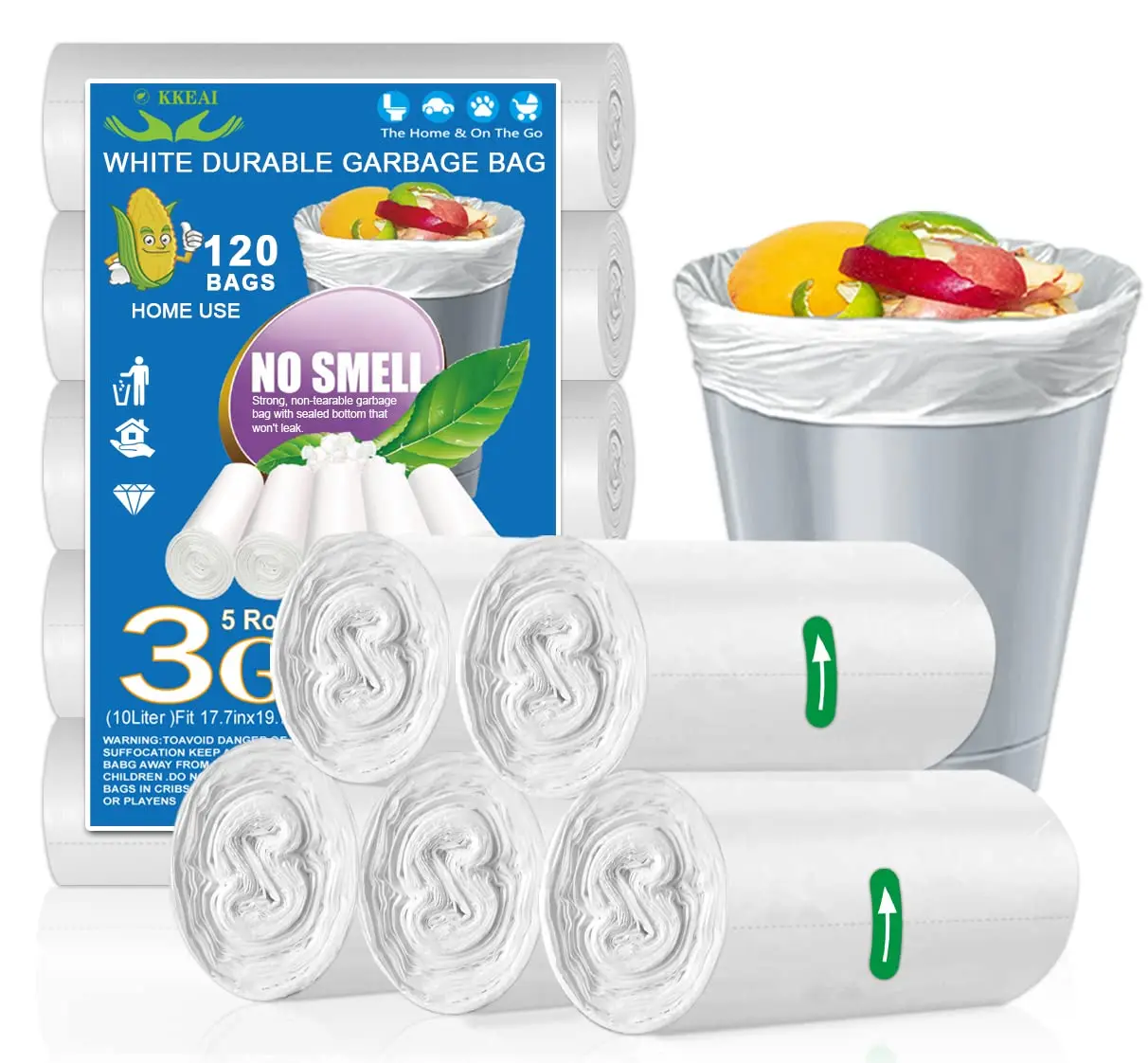 

3 Gallon Small Trash Bags 120 Counts White Garbage Bags 10L Wastebasket Liners for Bathroom Office Kitchen, Fit 10-15L Can