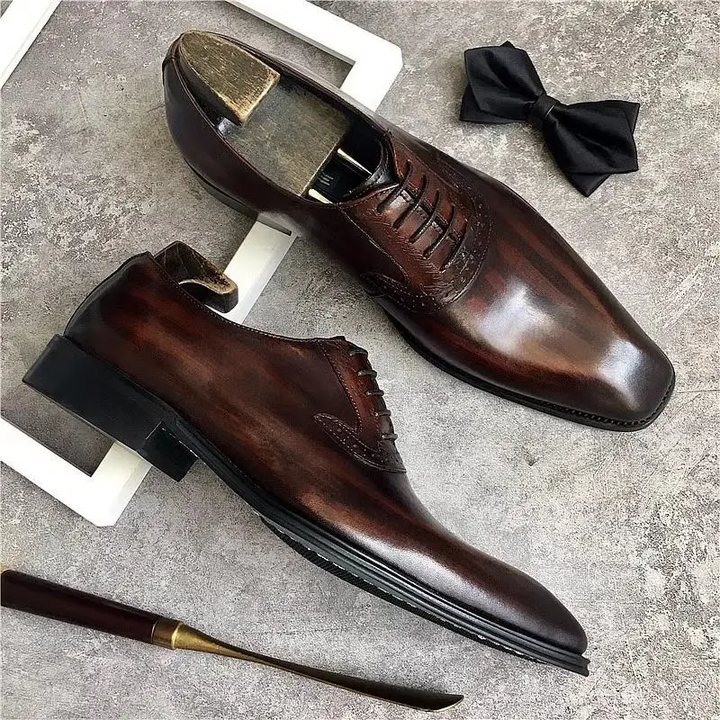 

Premium Square Head Leather Retro Fashion Business Niche Men's Casual Formal Wear Male Groom Height British Style