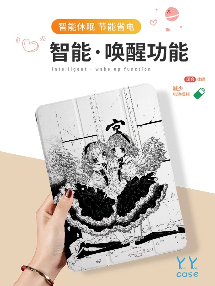 일본 애니메이션 로리타, iPad 3단 투명 보호 커버, 펜 슬롯 자석이 있는 실리콘 소프트 쉘에 적합