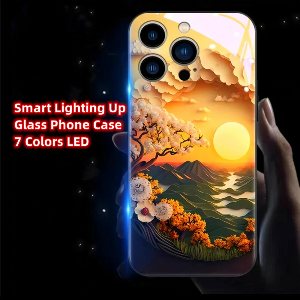 Sunset Ancient Pine Sound Control LED Light Up Cases Luminous Cover For Samsung S24 S23 S22 S21 S20 FE Note 10 20 Plus Ultra A54