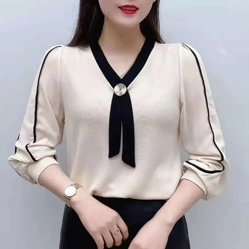 2022 Casual Bright Line Solid Color Decoration T-shirt Bow Fashion Drawstring Button V-Neck Female Clothing Knitted Pullovers