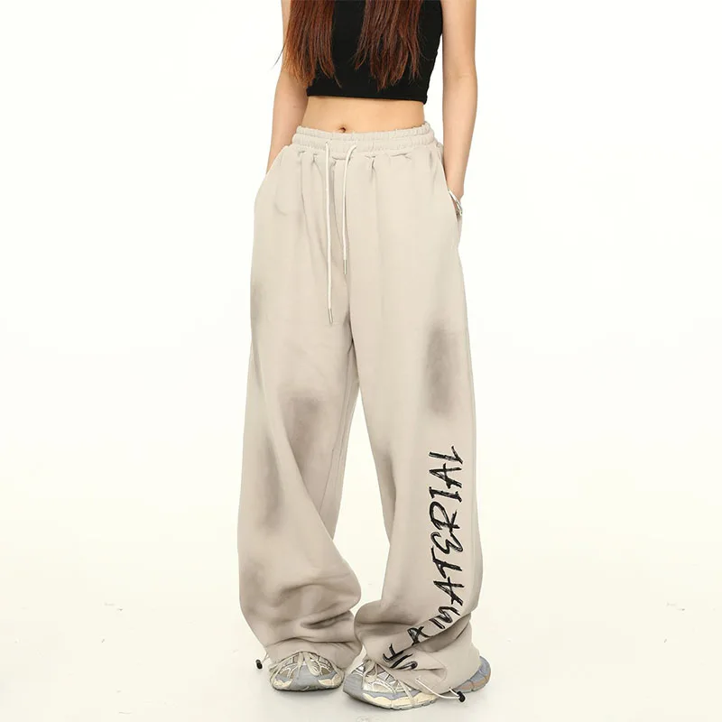 American Vintage High Street Hip Hop Sweatpants Women Letter Graffiti Pocket Elastic High Waist Casual Loose Wide Leg Trousers