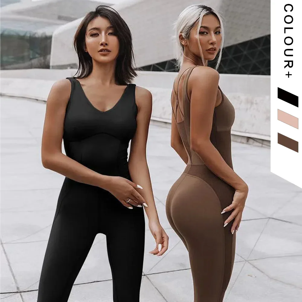 

V-neck One-piece Yoga Sets Women Sleeveless Gym Clothing Sports Suit With Padded Back Strap Cross Dance Rompers Fitness Jumpsuit