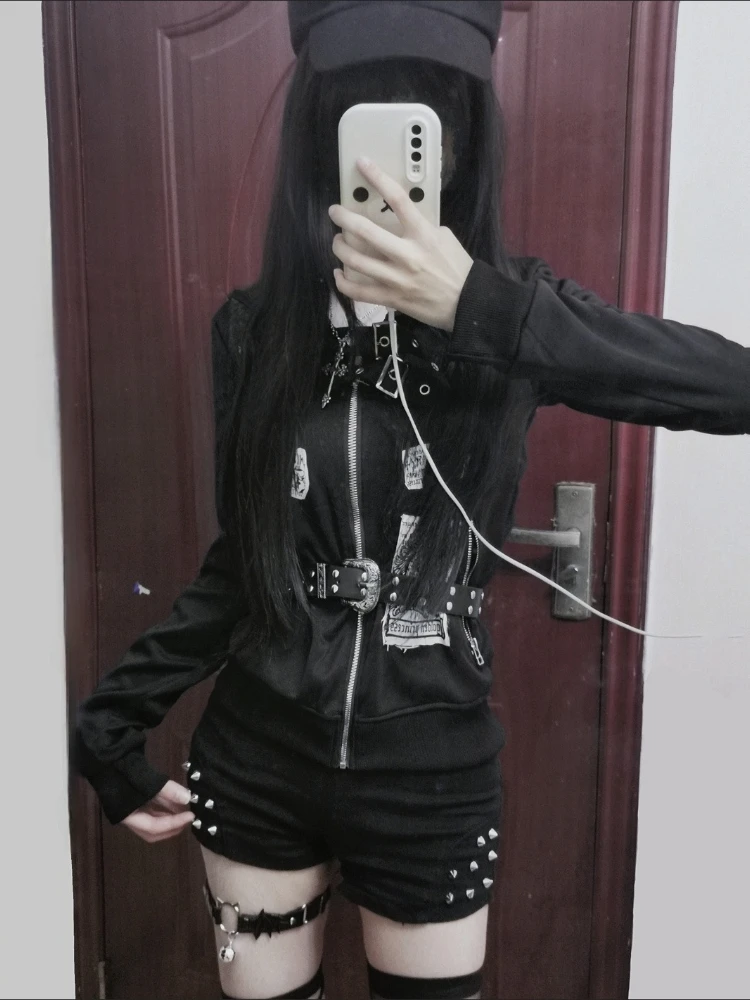 

Винтажное пальто с воротником-стойкой Subculture, повседневная уличная куртка в стиле гранж с капюшоном, женские толстовки на молнии, 2025 Harajuku Y2k