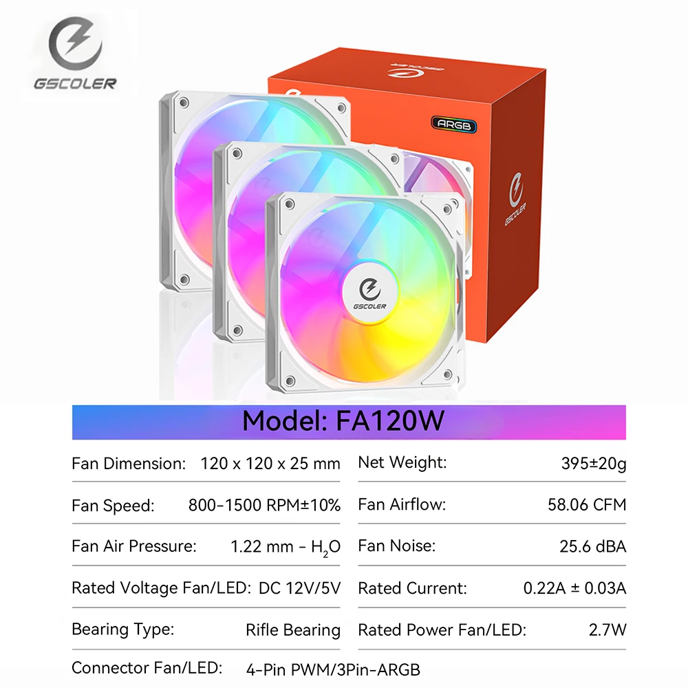 

GSCOLER FA120 PC Case Fan 120mm ARGB Cooling Fan 4pin PWM High Performance Quiet Chassis Fans 3-Pack