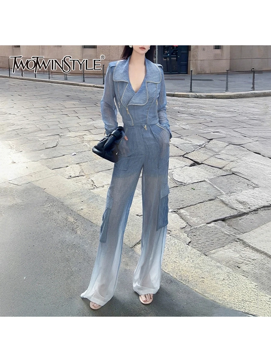 

TWOTWINSTYLE Slimming Sheer Two Piece Sets for Women Lapel Long Sleeves Spliced Zippers Top High Waist Pant Set Female Clothing