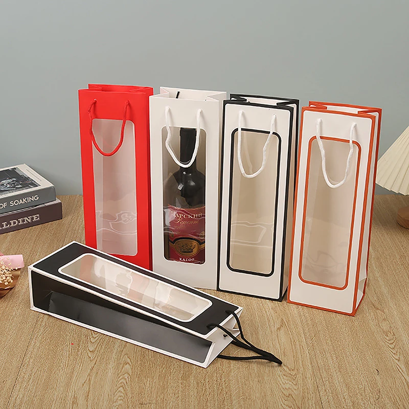 New Style Single Red Wine Tote Bag Window Transparent PVC Kraft Paper Flower Doll Rectangular Gift Packaging Bag