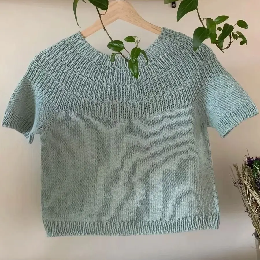 Summer light mint color minimalist high-end minimalist style short sleeved round neck sweater pullover cashmere hand woven women