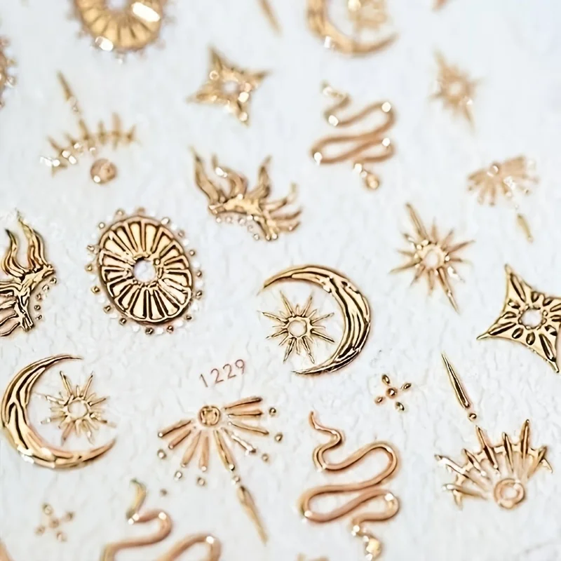 1Zhang Embossed Gold Foil Nail Art Stickers | bohemian style stars、Moon、Snake and cloud design，Self-adhesive, disposable