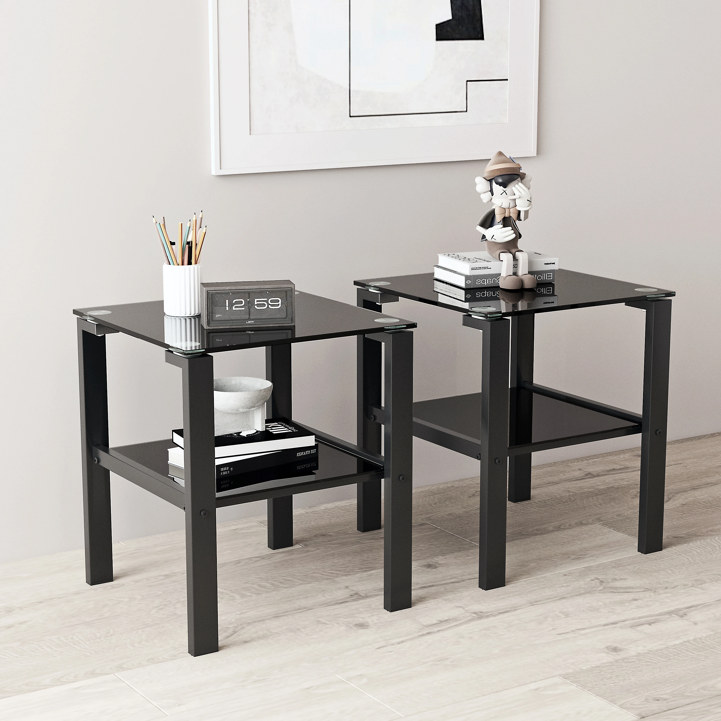 Set of 2, Glass Two Layer Tea Table, Bedroom Corner Table, Living Room Side Table,Black Coffee Table for Limited Space