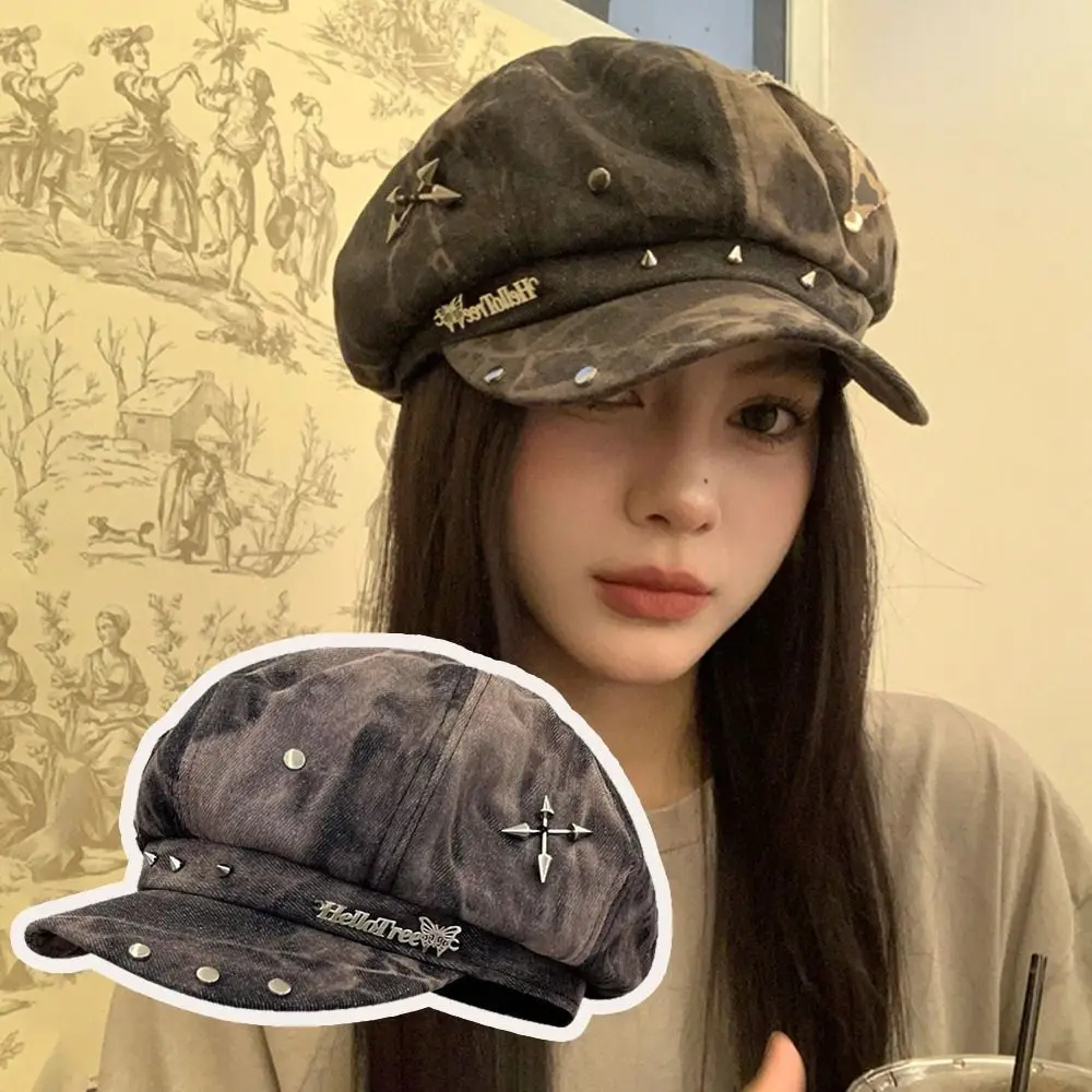 

Vintage Star Sticker Harajuku Beret Hat Rivet Design Streetwear Accessories Gothic Hat Tie-dye Pattern Newsboy Cap Versatile Use