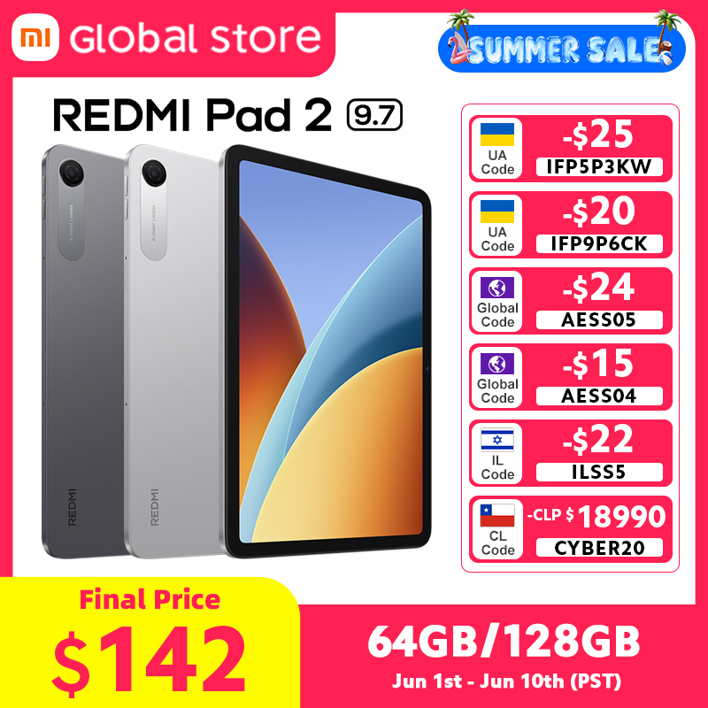  New Xiaomi Redmi Pad 2 9.7" Global Version 7600mAh Battery 8MP Camera 64GB / 128GB ROM Snapdragon 8-core CPU 120Hz 