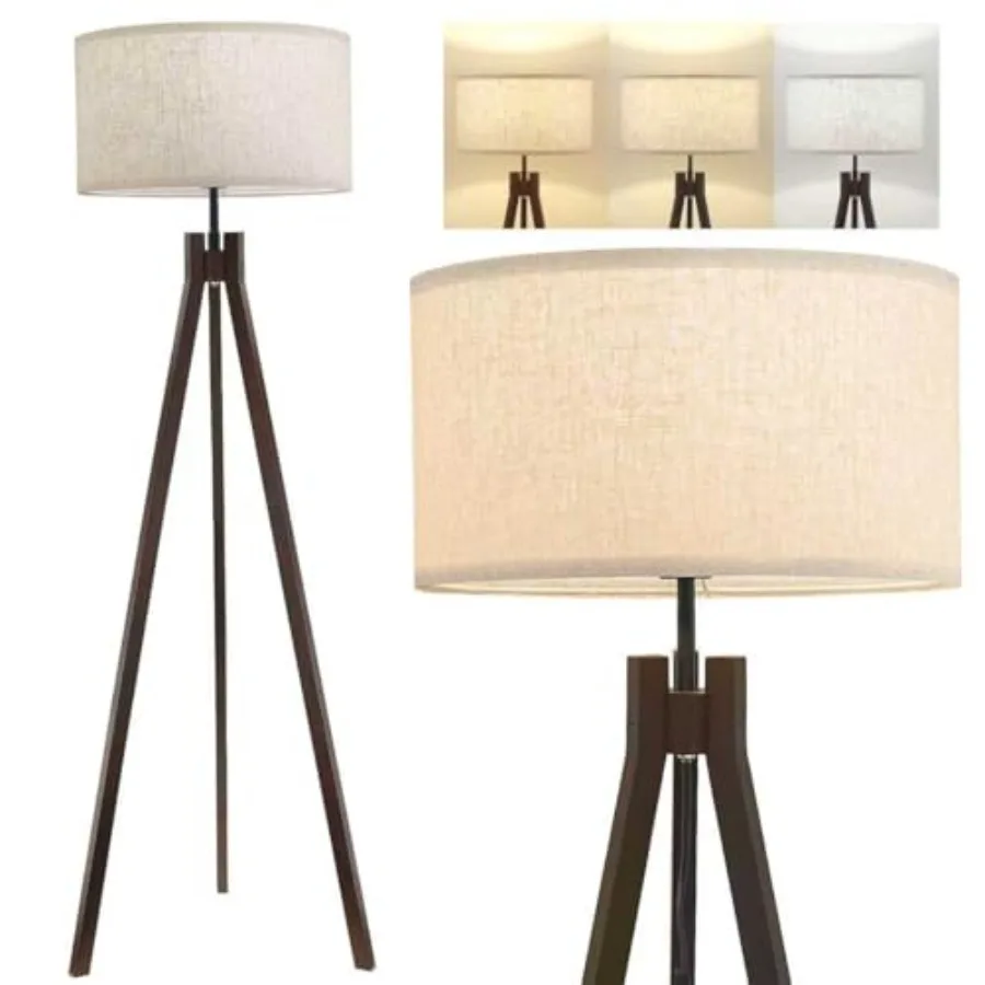 Wood Tripod Floor Lamp for Bedroom 3 Color Temperatures and Linen Shade Modern Reading Standing Lamp with 9W LED Bulb Mid Centu