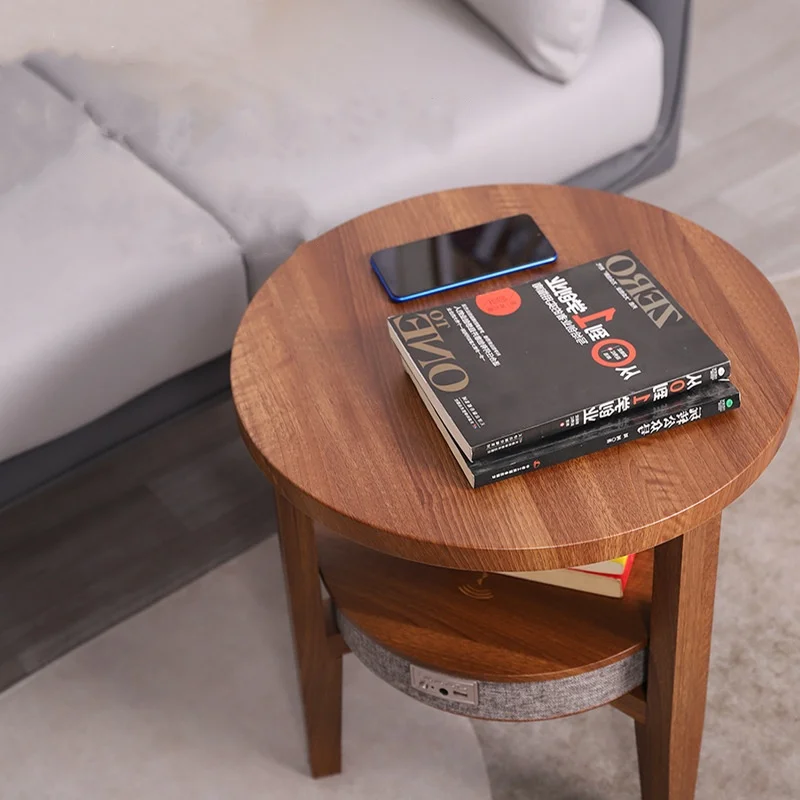 Double Layer Living Room Side Table with Bluetooth Speaker Smart Wireless Charging Corner Table Nordic Style Round Coffee Table