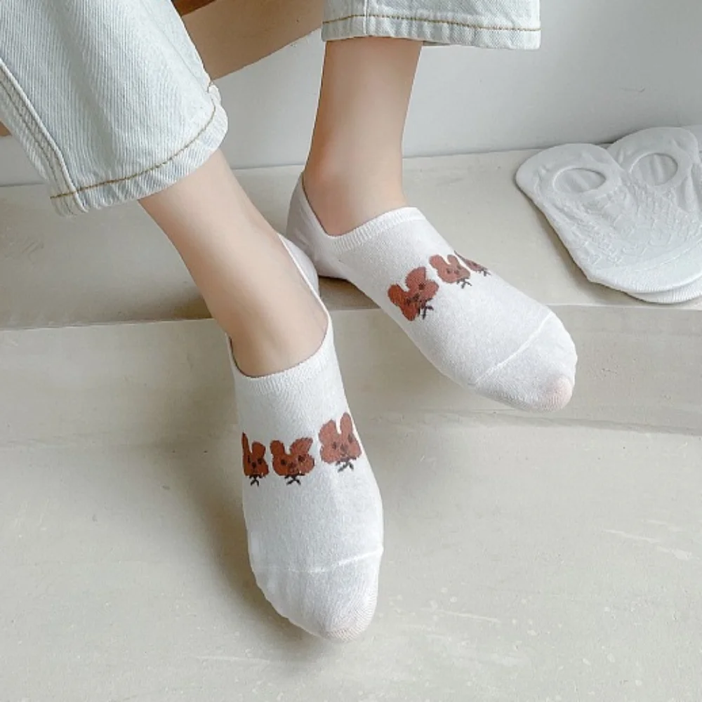 Chaussettes invisibles en coton absorbant la sueur pour l'extérieur, chaussettes de bateau Kawaii, chaussettes courtes à carreaux, motif animal de dessin animé, cœur, lapin, antidérapant