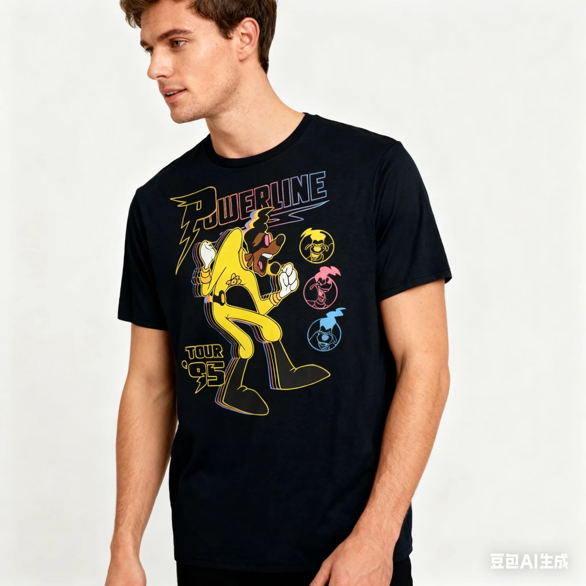 

Disney A Goofy Movie Powerline Tour '95 Ретро неоновый плакат Футболки Одинаковые комплекты для всей семьи Летние быстросохнущие удобные свободные посадки