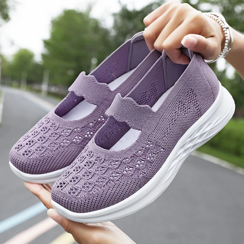 Mesh Summer New Knitted Fashionable Flat ShoesLightweight And ComfortableForMothersCasual AndNonSlip ShoesForMiddle-aged And Eld