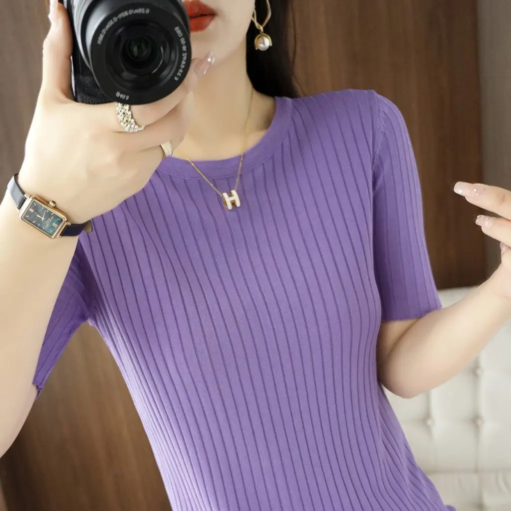 

Women's Ice Silk Knitted Sweater round Neck Short-Sleeved Versatile Thin Base Layer Top Summer New Style Inner/Outer Wear