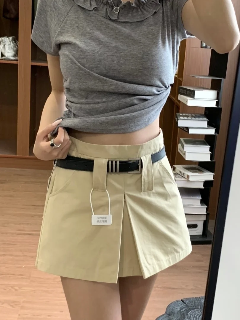 

Khaki Workwear A-Line Skirt Women's Summer Slimming Versatile Spicy Design Commute Cotton Anti-Static Pure Color