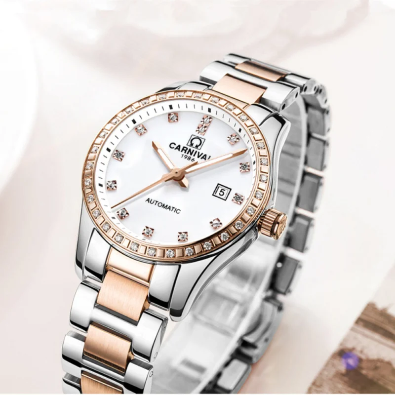 مصنع مستقيم الشعر التلقائي الميكانيكية ساعة نسائية موضة شعبية مقاوم للماء ساعة نسائية بسيطة الفولاذ المقاوم للصدأ المعصم ث