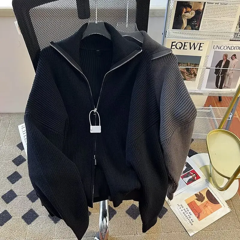 Men's Thick Zip-Up Knitted Cardigan Sweater Retro Japanese Style Turn-Down Collar Casual Streetwear Fashion Jacket Autumn Winter