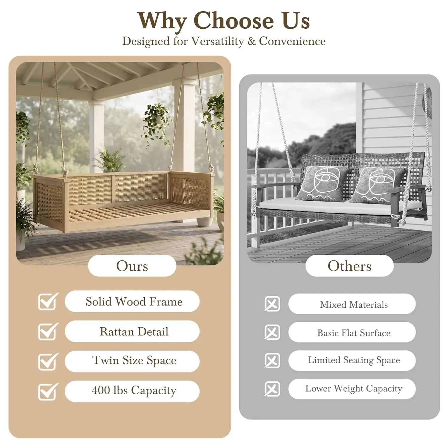 Solid Wood Twin-Size Outdoor Swing Bed with Hanging Ropes 3