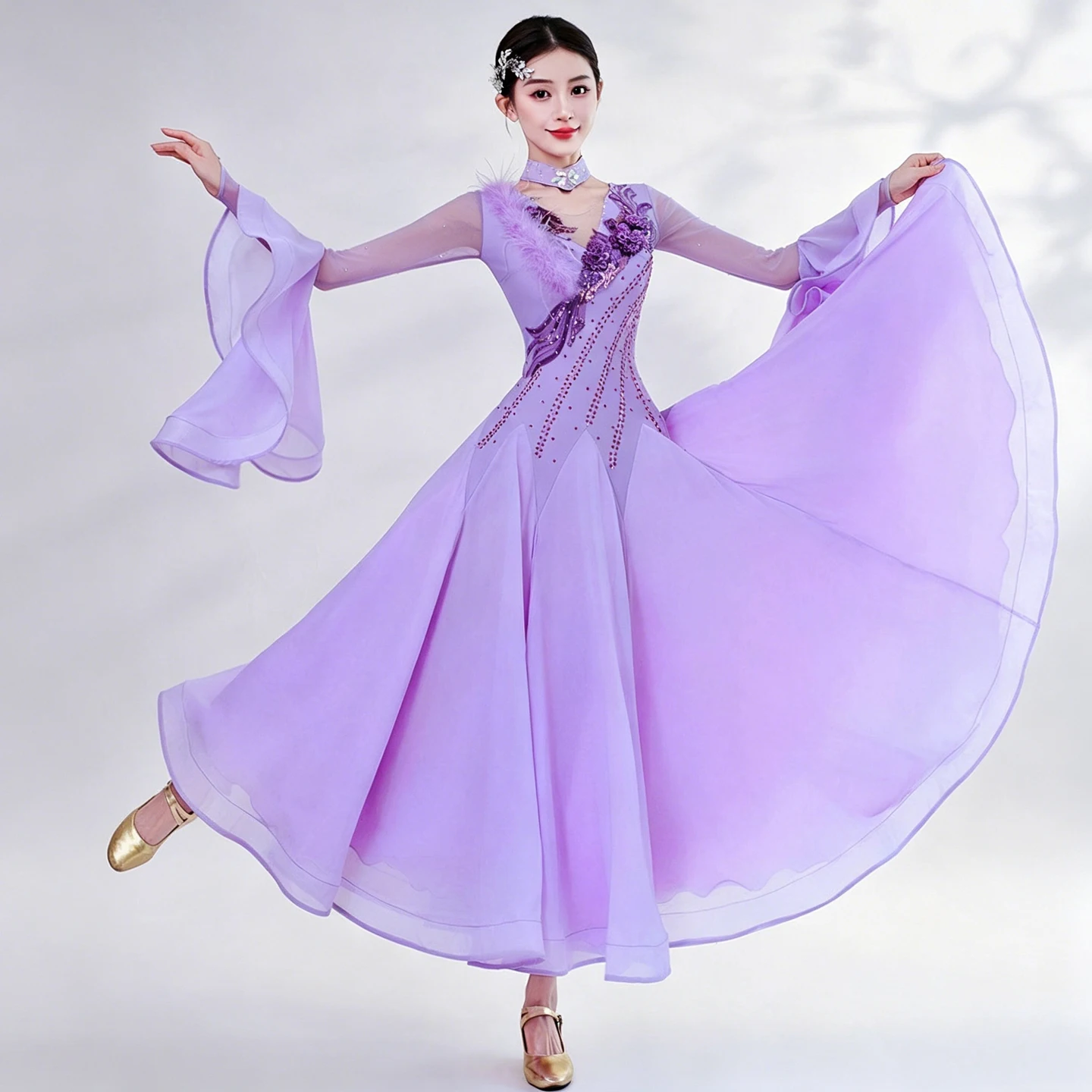 

New Lavender 2026 Modern Dance Dress Chiffon Elegant Diamond Waltz Professional Competition Performance Ballroom Dance Dress
