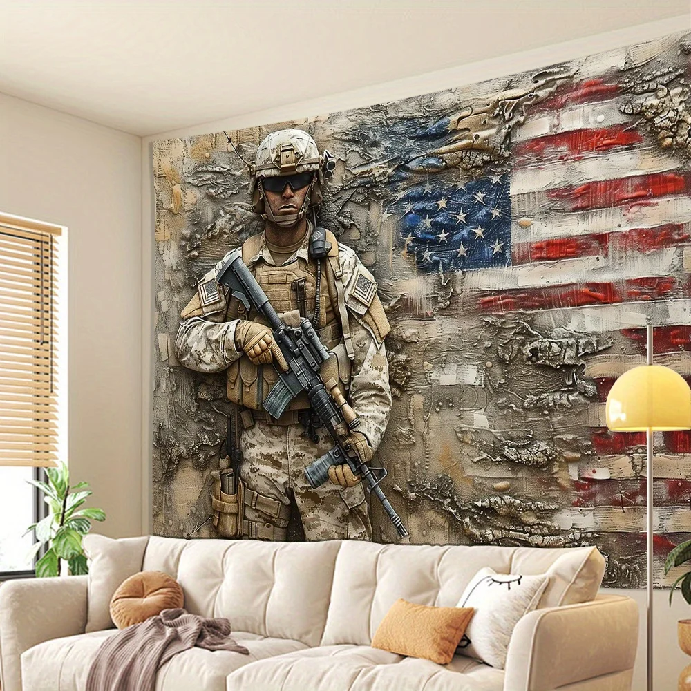 Patriotic Soldier Tapestry -Military Hero with American Flag Background for Home Decor and Aesthetic Beauty,Perfect for Any Room