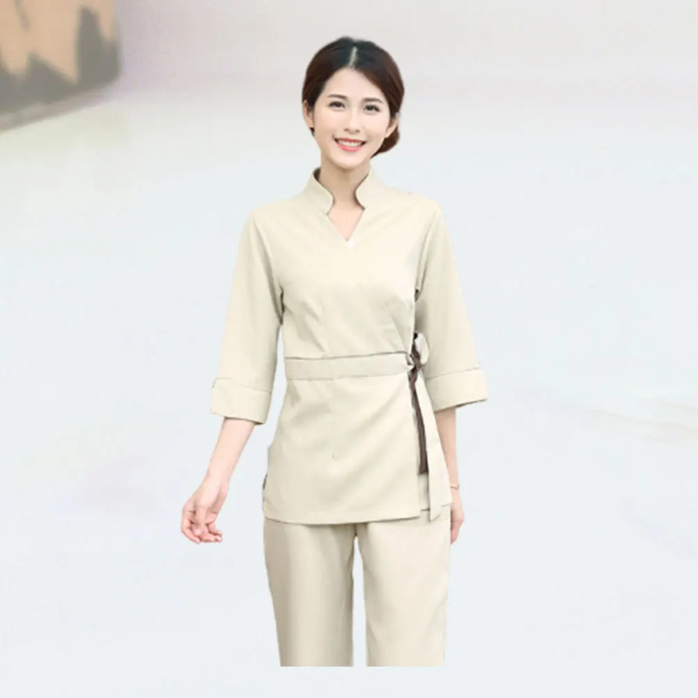 

1Set Beautician Uniform Two-Pieces Cotton Suit Beige Lightweight Long Sleeve V Neck Work Clothes Beauty Salon Apparel