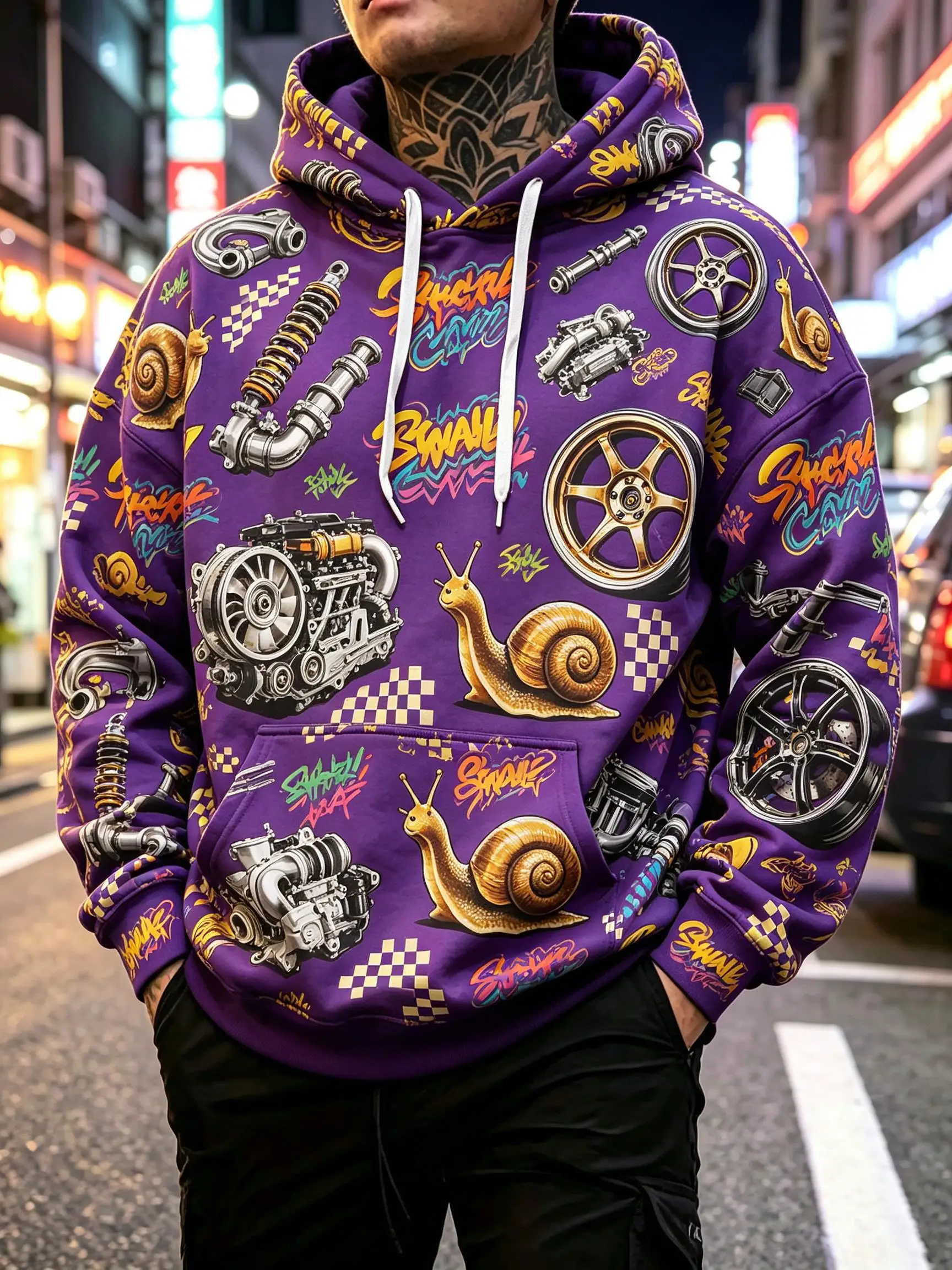 Men's Hoodie Navy Racing Car Parts Snail Print Breathable Soft Pullover Sweatshirt for Lovers Party Daily Wear