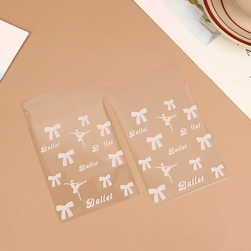 50pcs White Ballet Biscuit OPP Self-Adhesive Bag Bowknot Candy Chocolates Dessert Self Sealing Bag Gift Bag Card Storage Bag