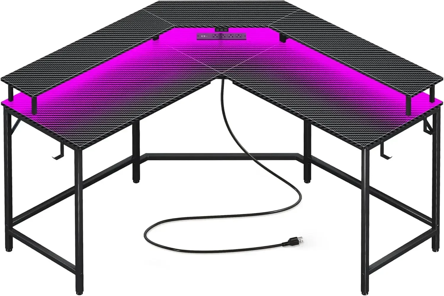 L Shaped Gaming Desk with Power Outlets & LED Lights, Computer Desk with Monitor Shelves, Carbon Fiber Surface