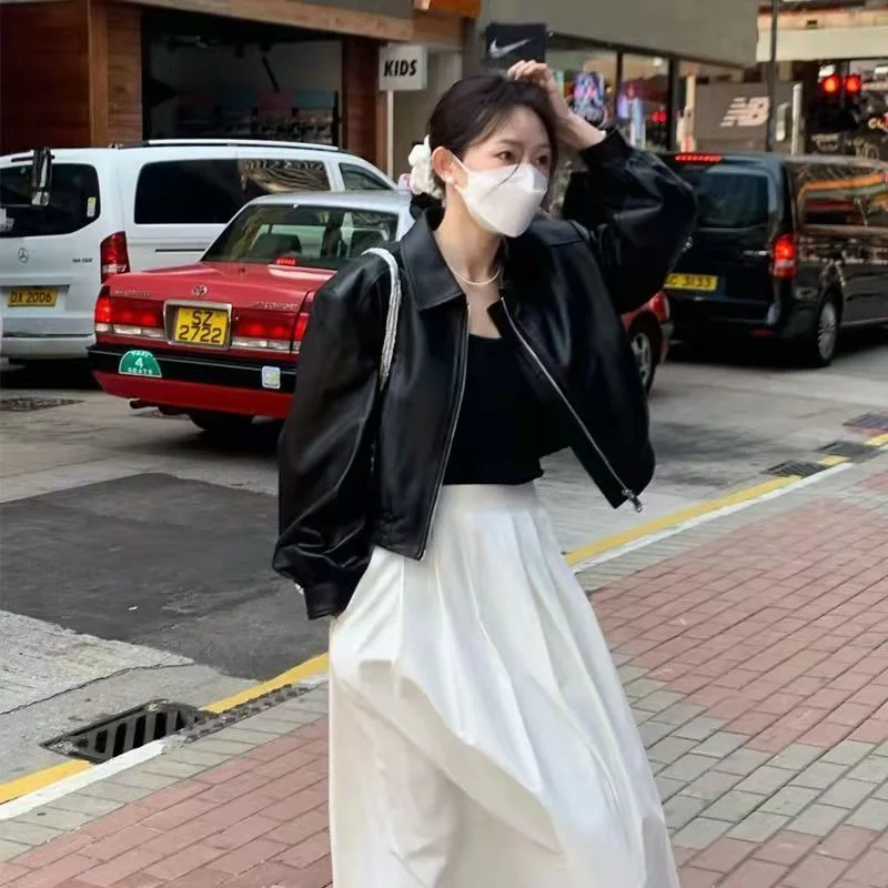 

Motorcycle Women's New Spring Autumn Loose Versatile American Style Simple Foreign Style Leather Jacket