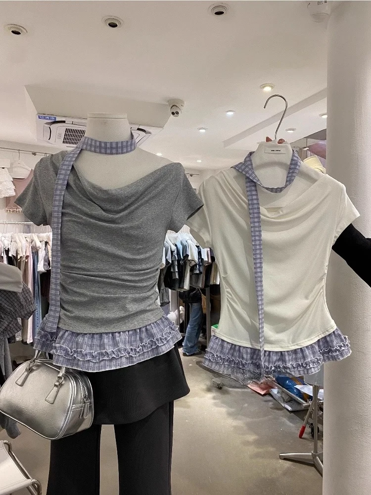 슬리밍 효과 6월 디자인 어깨 드레이프드 오르트 스웨트 티셔츠 여성 여름 신상 슬레 리본 니트 한국 버전 탑