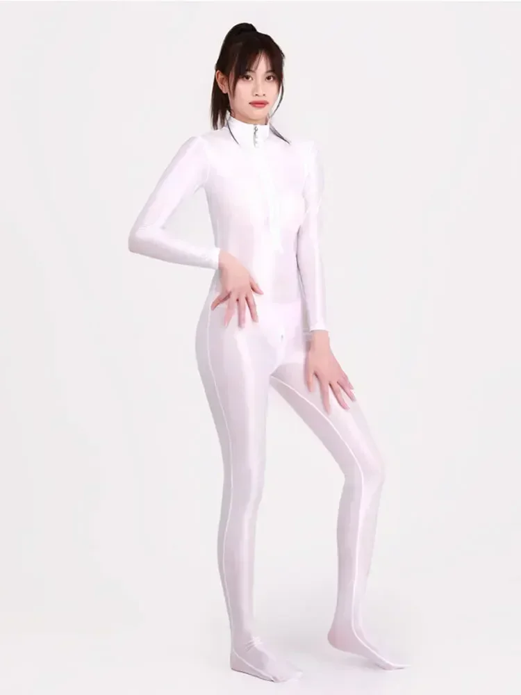 

Shiny Glossy Sexy Jumpsuits Women Long Sleeve Zipper Open Crotch Full Body Clubwear Elastic Bodysuits Silky See Through Rompers