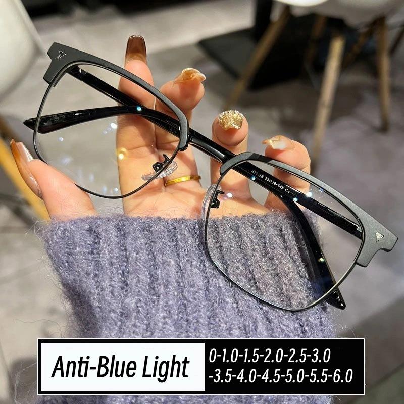 

Ladies High Definition Eye Protection Anti Blue Light Myopic Glasses Men's Fashionable Half Frame Near Sight Glasses 0 To -6.0