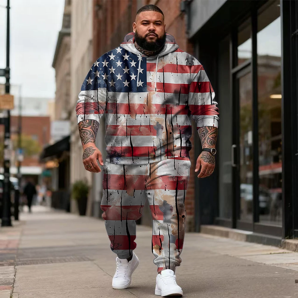 

S-9xl plus size Big & Tall Hoodie Set with US Flag - 2-Piece Street Vibe, Breathable Material, Sleek Flag Prints