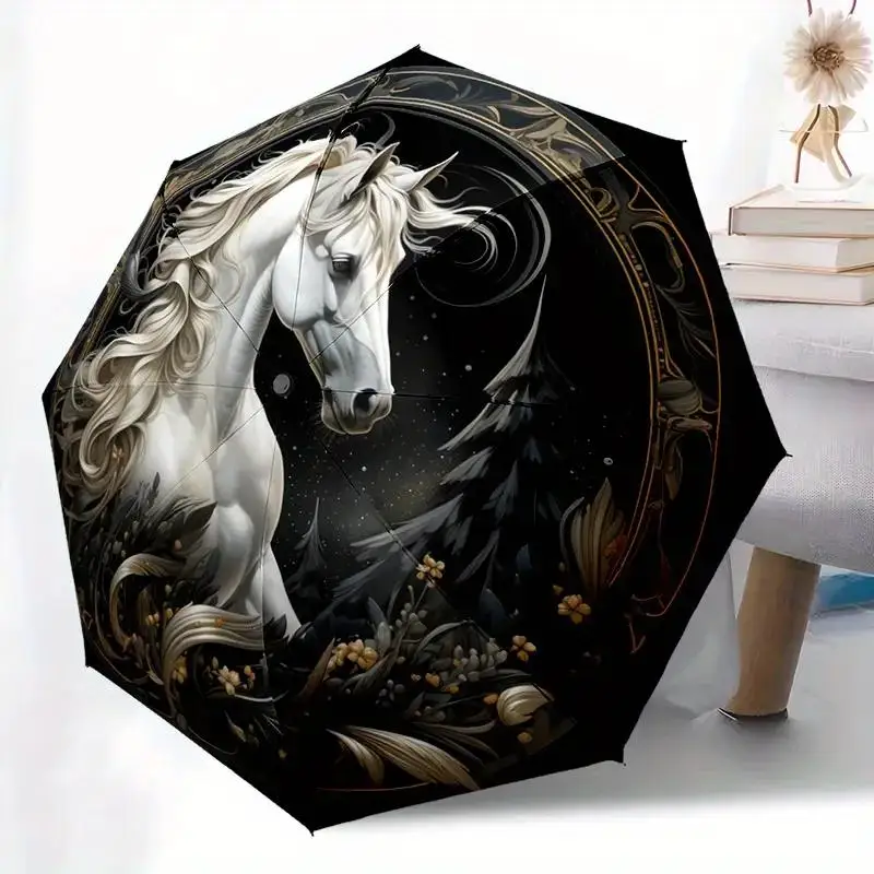 

Automatic Open/Close 8-Rib Windproof Folding Umbrella with White Horse & Starry Night Design - -Accented Black Canopy, Self-Op