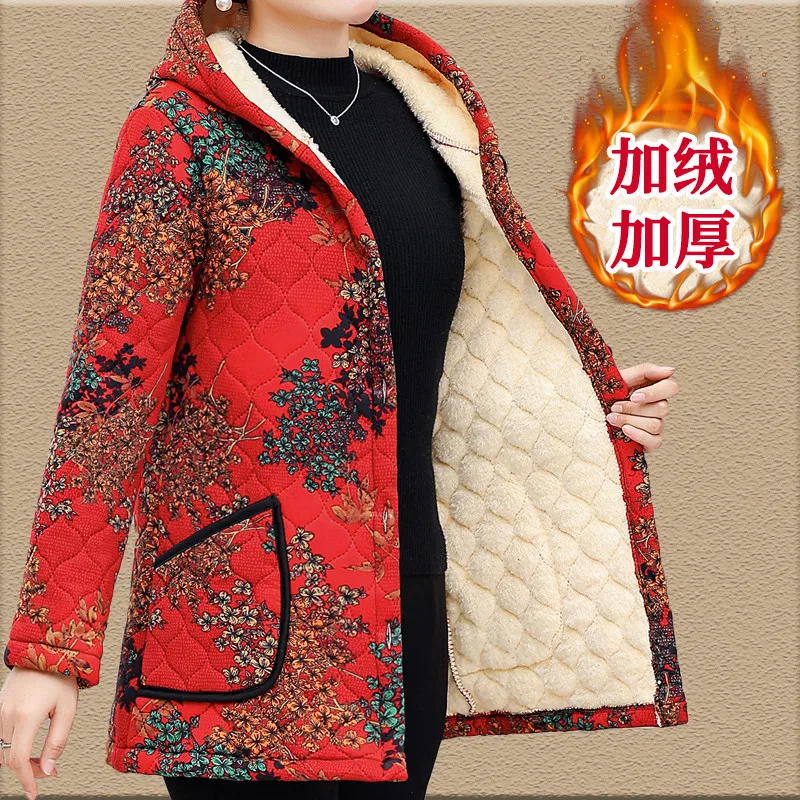 Winter jackets Plus Velvet Mother Clothing Flower Jacket Winter Lady Thick Warm Jacket coat