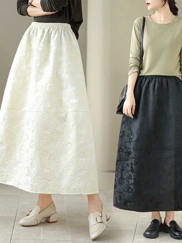 Elegant Lightweight Embossed Floral Half Skirt High Waist Bloom Skirt Commute Korean Style Women's Premium Quality Skirt