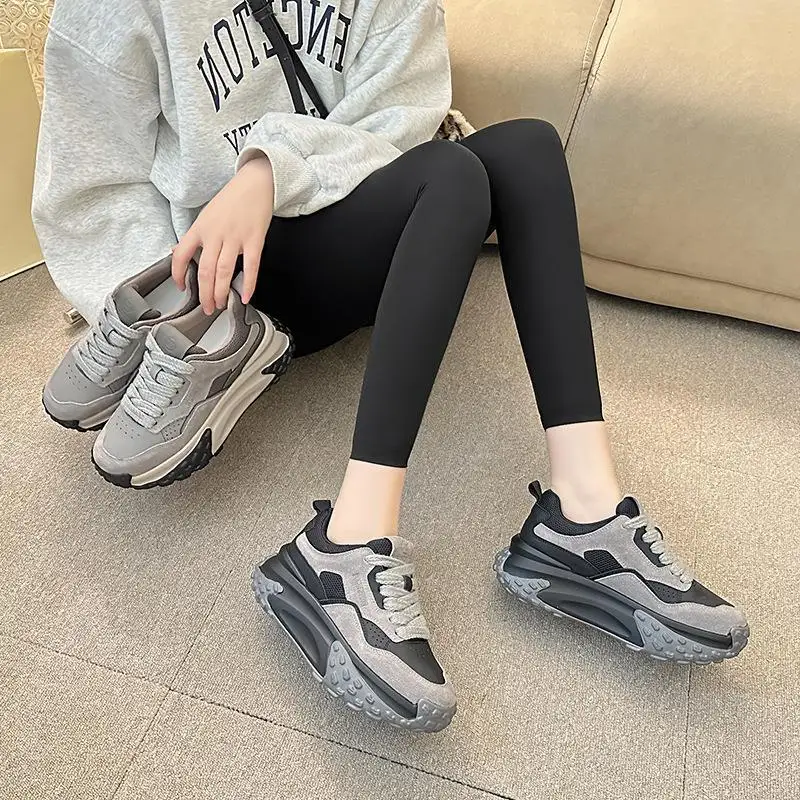 

Trendy Thick Bottomed Genuine Leather Dad Shoes for Women Sporty Fashionable Slip-On round Toe Anti-Slip PU Lined Single Shoes