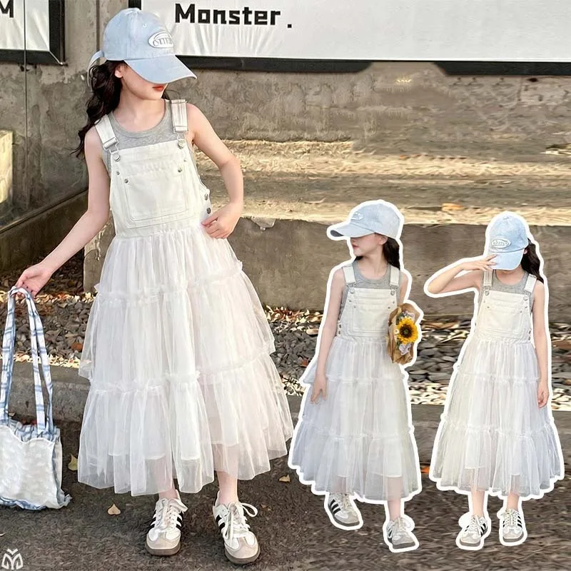 UNITIM Children Girl Clothes Set Summer Sticker Kids Girls Vest Junior Girl Mesh Strappy Dress 4-14Y Girl White Sleeveless Dress