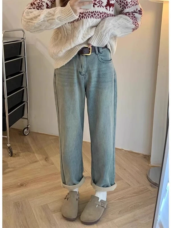 

Women's Fleece Lined Thick Straight Leg Jeans Casual High Waist Wide Leg Pants Spring New Style plus Size Slimming Long Trousers