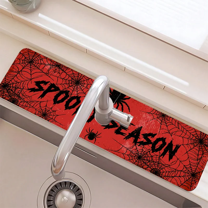 VIKAMA Halloween Dark Red Spider Web Printed Faucet Pad, Festive Atmosphere Pad Kitchen Absorbent Anti Slip Pad, Home Decoration