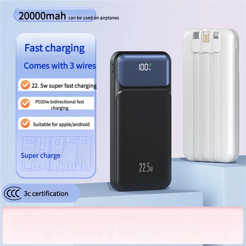 

Large Capacity 20000Mah PowerBank 22.5W Fast Charging Portable charger with Built-in Cables External Battery For iPhone Samsung