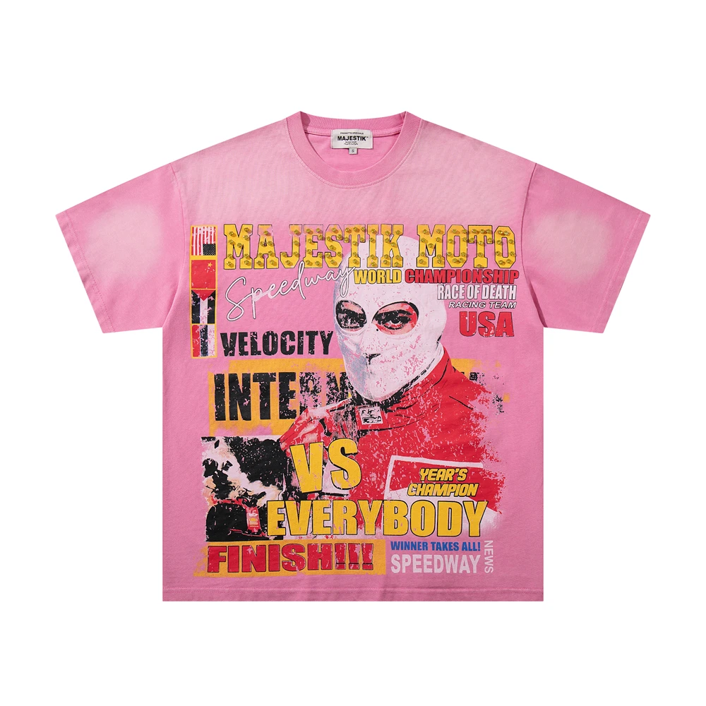 Washed Pink Majestik MOTO world championship race of death racing team USA T-Shirt Men Women Rhinestone Top T Shirt Tee