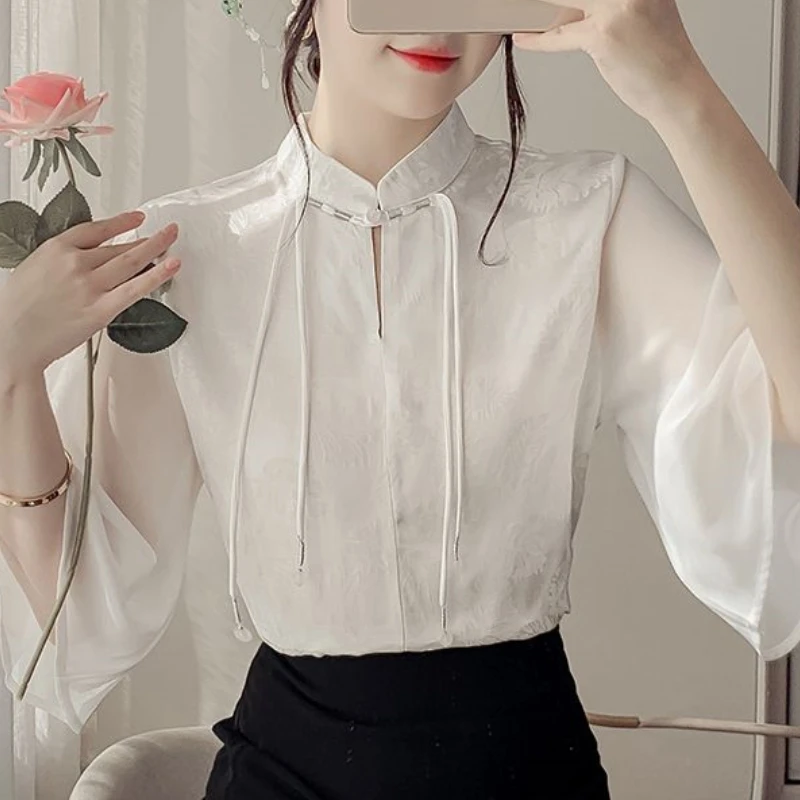 2024 Summer Chinese Style Fashion Slim Fit Half Sleeve Blouses Solid Slash Neck Bandage Embroidered Spliced Women\'s Shirt Top