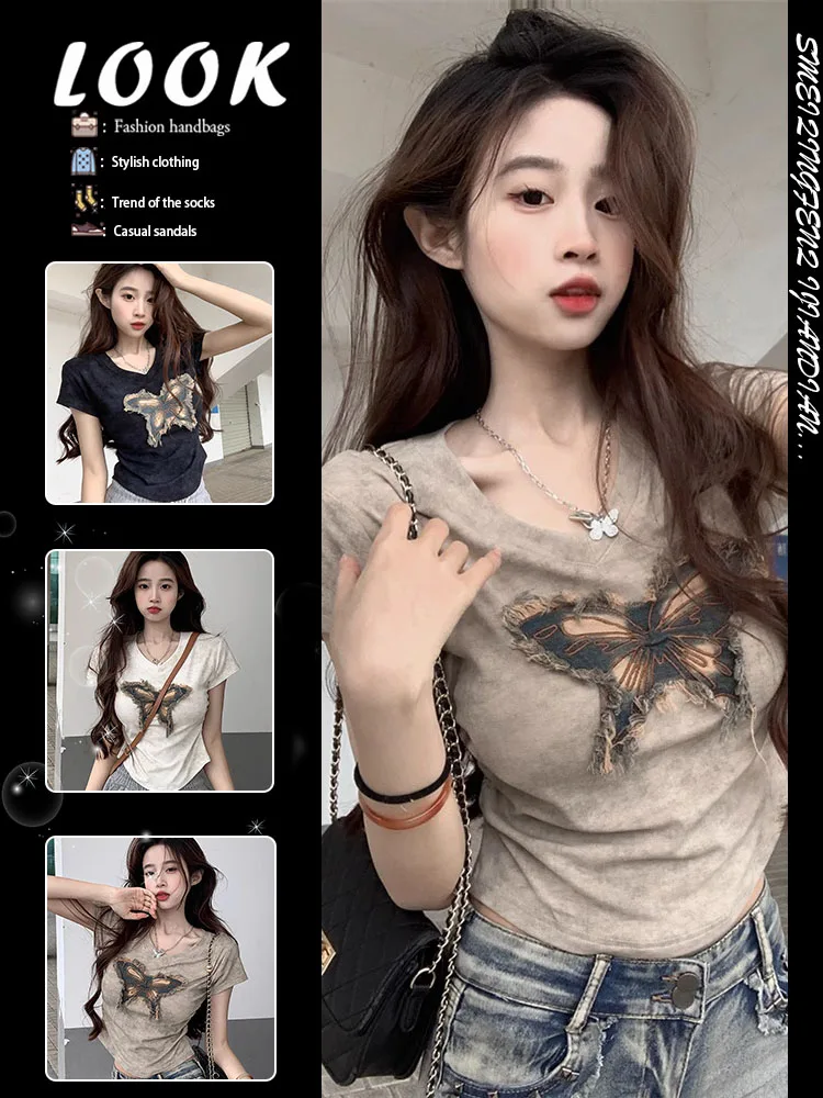 american-sle-dyed-patchwork-ort-sve-t-irt-women's-summer-new-high-waist-inward-pleat-ort-length-sexy-top