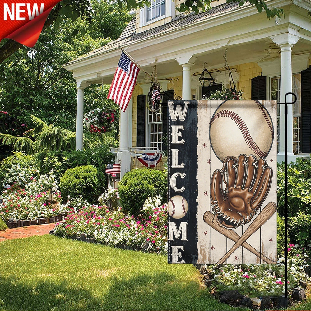 

1PC, Baseball Theme Welcome Garden Flag Vintage Baseball Glove Bat Print Outdoor Decorative Flag Double Sided Rustic Wooden Style Yard Flag for Patio Lawn Porch Sports Lover Seasonal Outdoor Banner Home Decor Holiday Party Decorat
